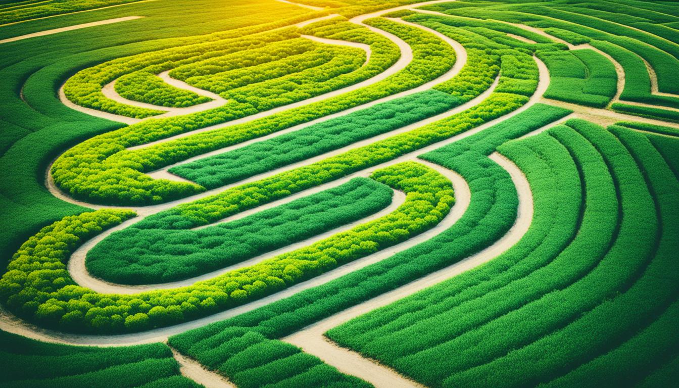 A vibrant field with multiple paths leading in different directions, each marked with a unique Instagram feature or strategy.