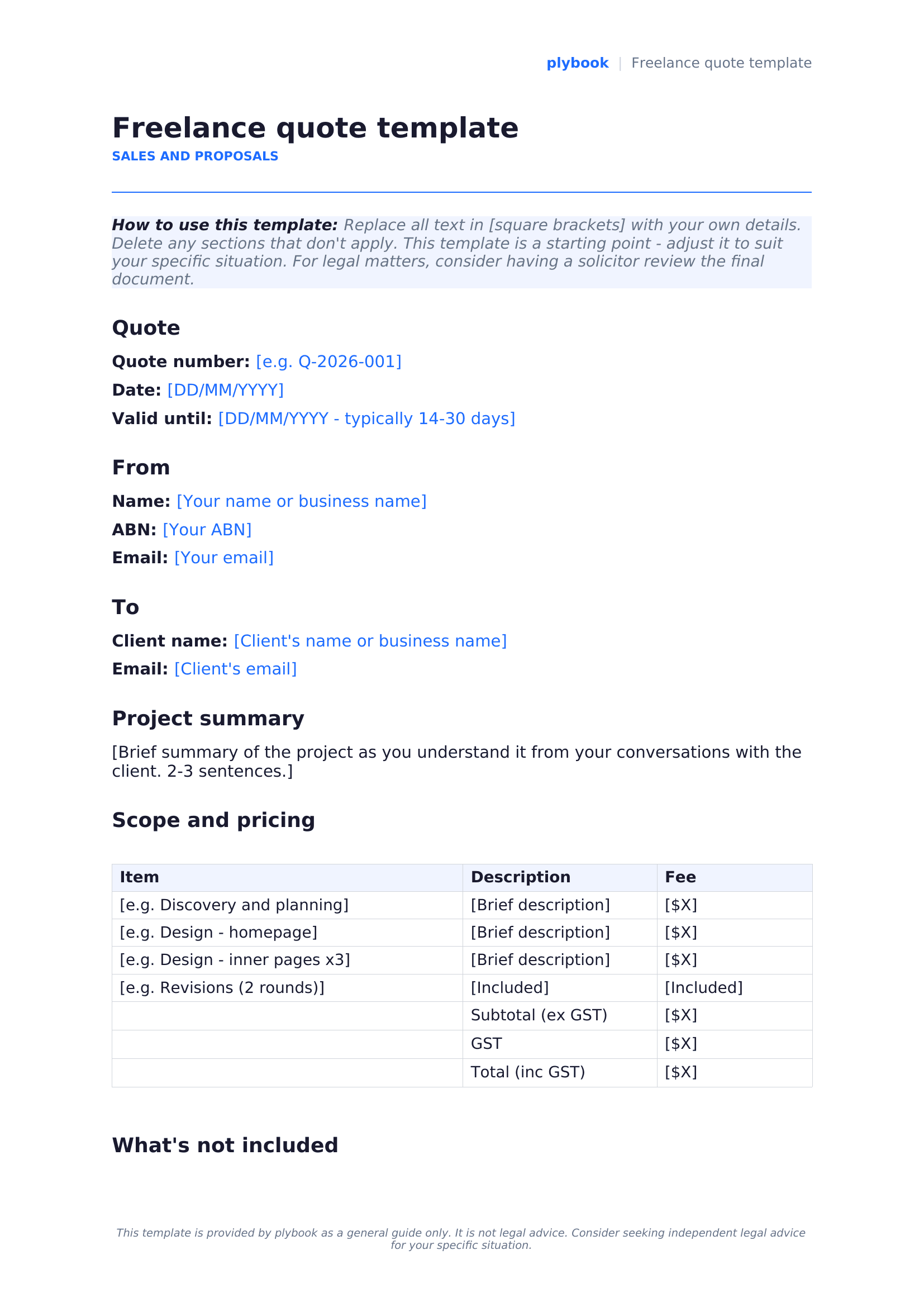 Freelance quote template