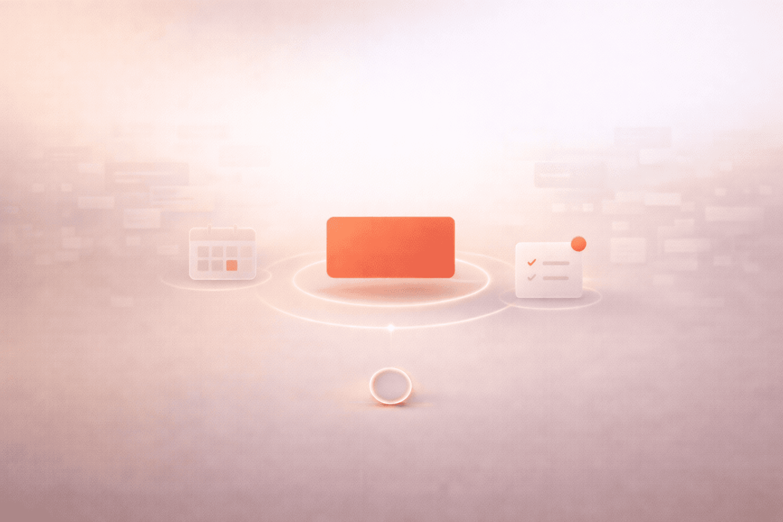 Minimalistische 3D-Illustration auf warmem cremebeigem Hintergrund mit einer zentral schwebenden korallorangenen Aufgabenkarte, flankiert von dezenten Symbolen für Kalender und Checkliste, einem kleinen Timer-Ring unten sowie verblassenden UI-Elementen im Hintergrund als Zeichen für reduzierten Tool-Overwhelm.