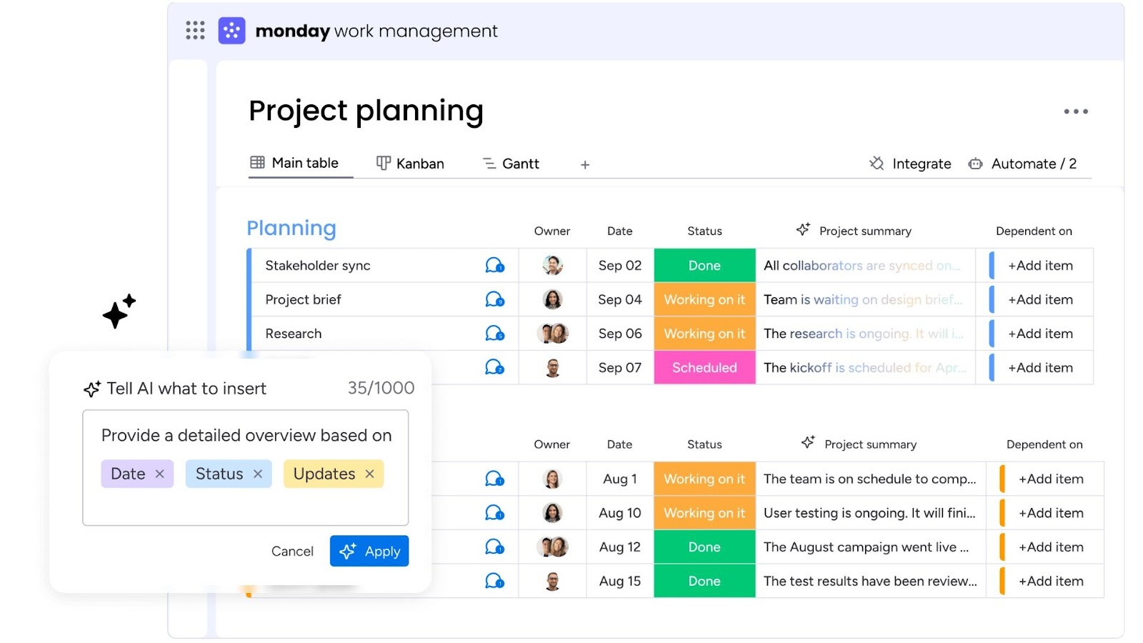 Monday.com's visual project planning board