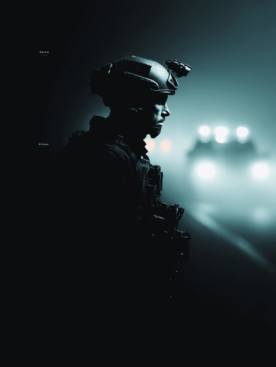 Operator wearing tactical gear and helmet