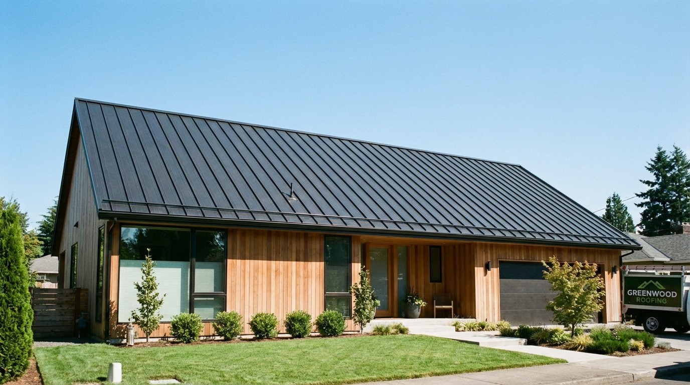Metal roof installation cost guide showing standing seam metal roof on home