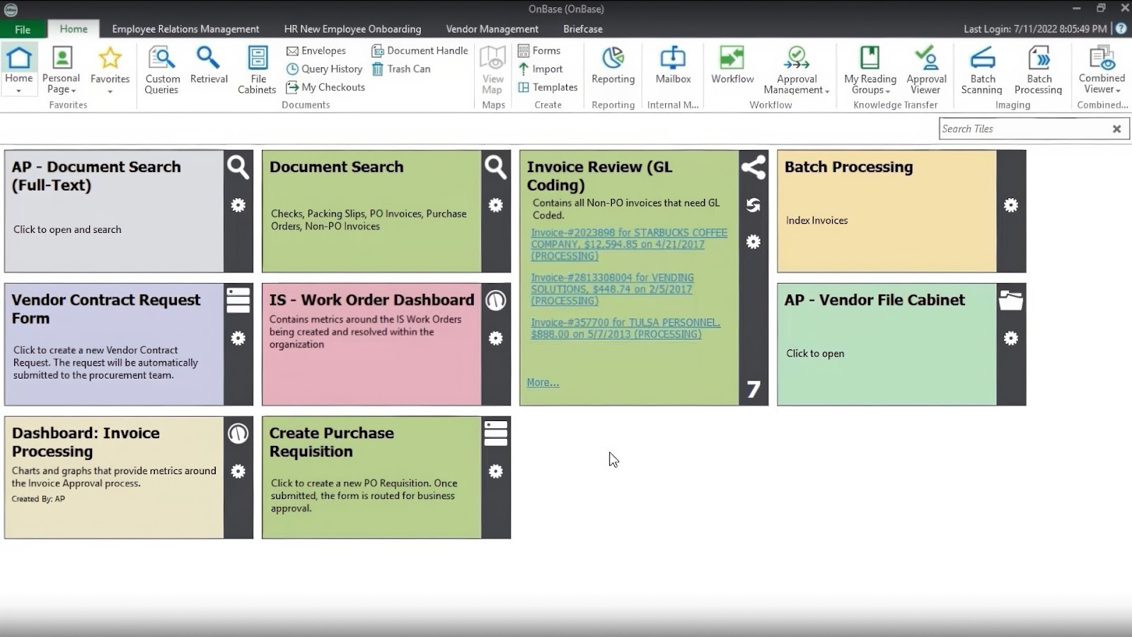 Hyland OnBase's content and workflow management dashboard