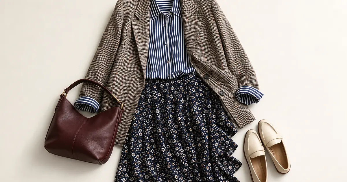 Navy striped shirt, small floral skirt, subtle checked blazer, burgundy bag, and neutral loafers in a balanced mixed-pattern outfit