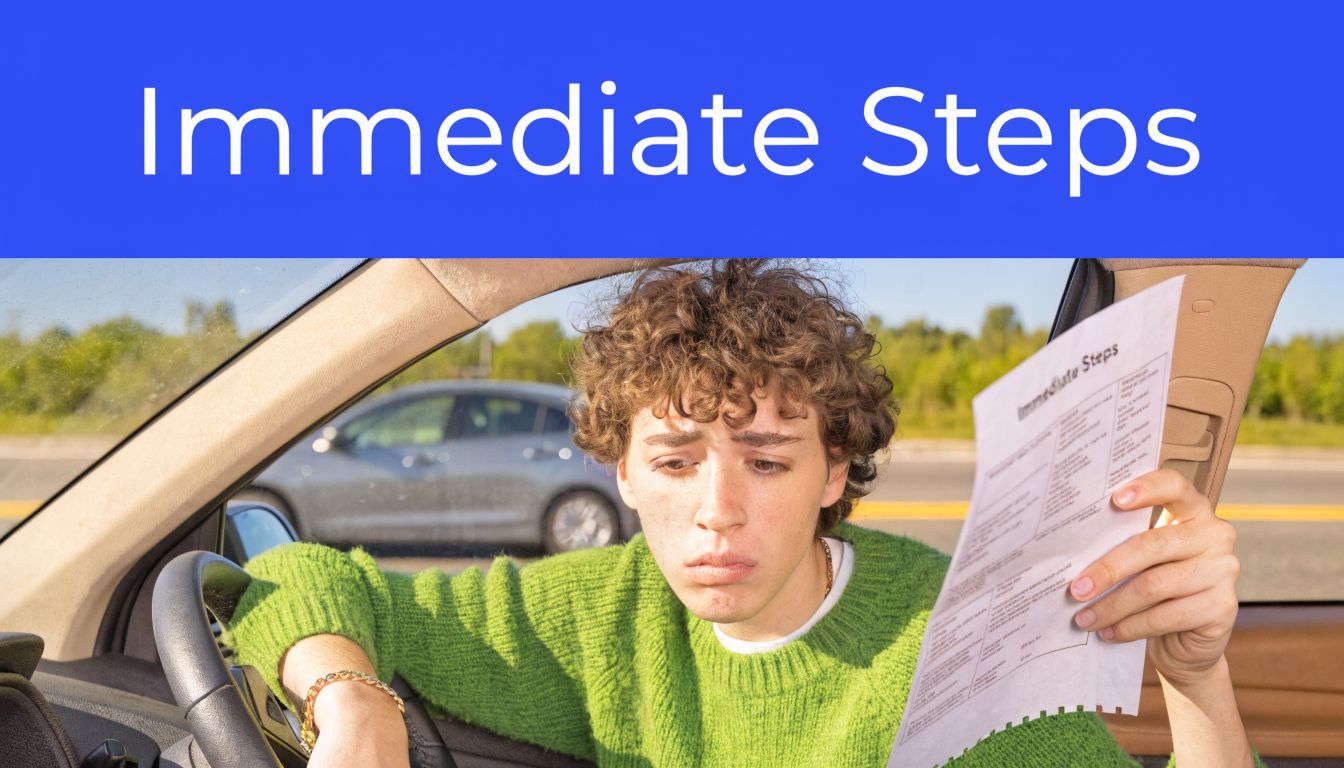 A concerned young person sitting in a car holding a document labeled Immediate Steps about registration.