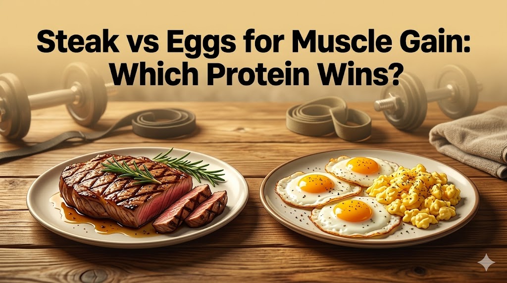 A nutritional hero image comparing a grilled lean steak and fried eggs on a rustic wooden table with gym gear in the background, titled "Steak vs Eggs for Muscle Gain: Which Protein Wins?".