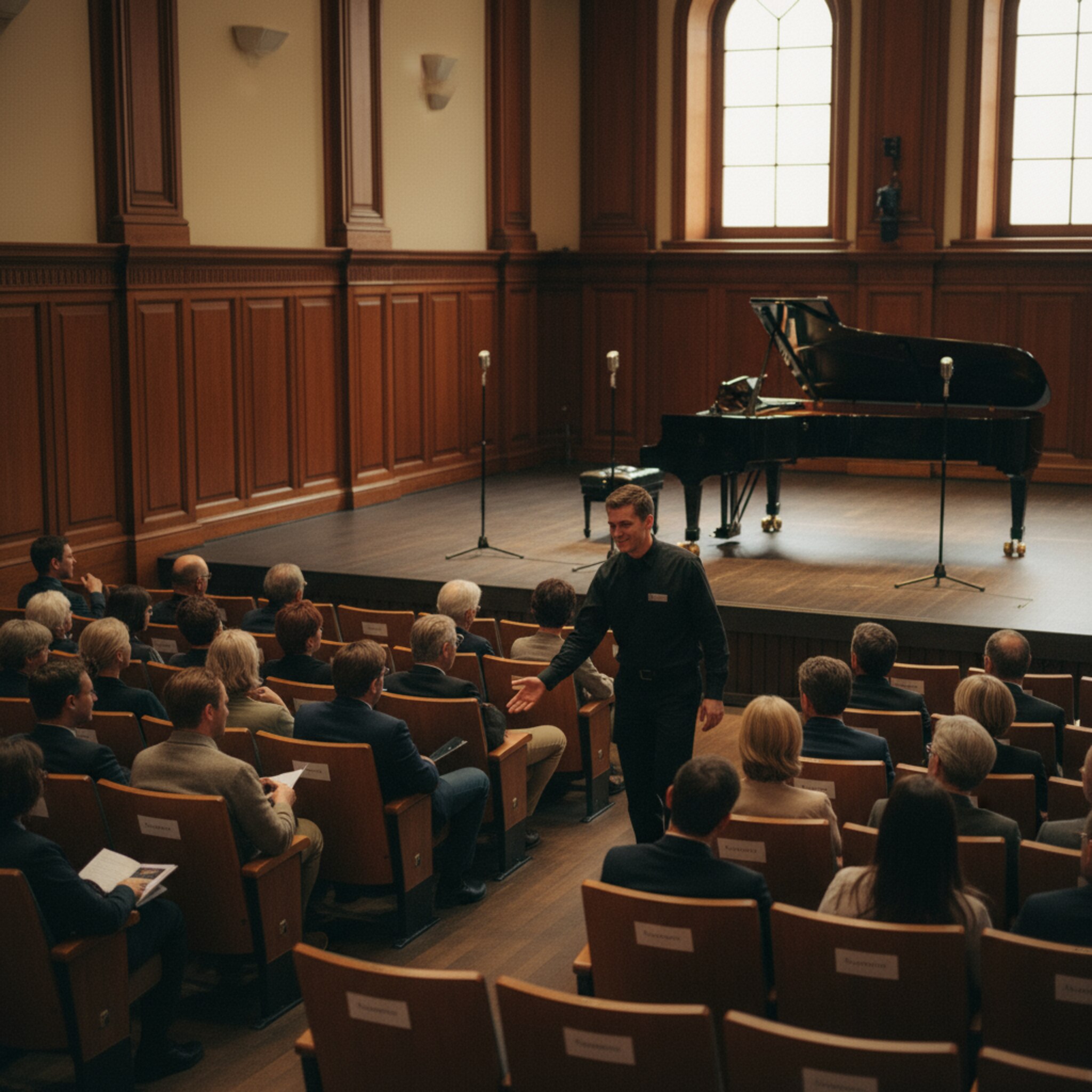 Ein bestuhlter Saal füllt sich ruhig, leise Gespräche und gedämpftes Licht. Auf der Bühne warten Mikrofone und ein schimmernder Flügel auf den Einsatz. Ein Usher weist freundlich auf eine Reihe mit freigehaltenen Plätzen. Die Spannung auf das erste Stück liegt spürbar in der Luft.