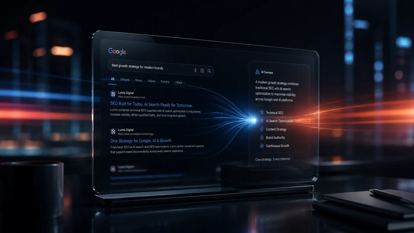 SEO and AI search strategy for Lumis showing Google visibility, AI search optimization, content strategy and long-term organic growth in Lebanon.
