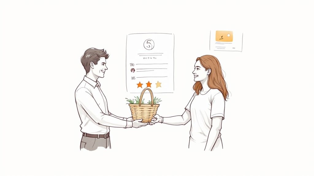 An illustration of a man giving a basket of greens to a smiling woman, with a review chart in the background.