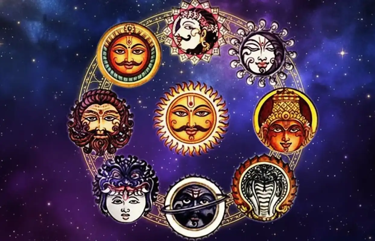 A visual grid of the Navagrahas, showing the stylized representations of the nine planets of Vedic astrology, including Surya, Chandra, and Shani.