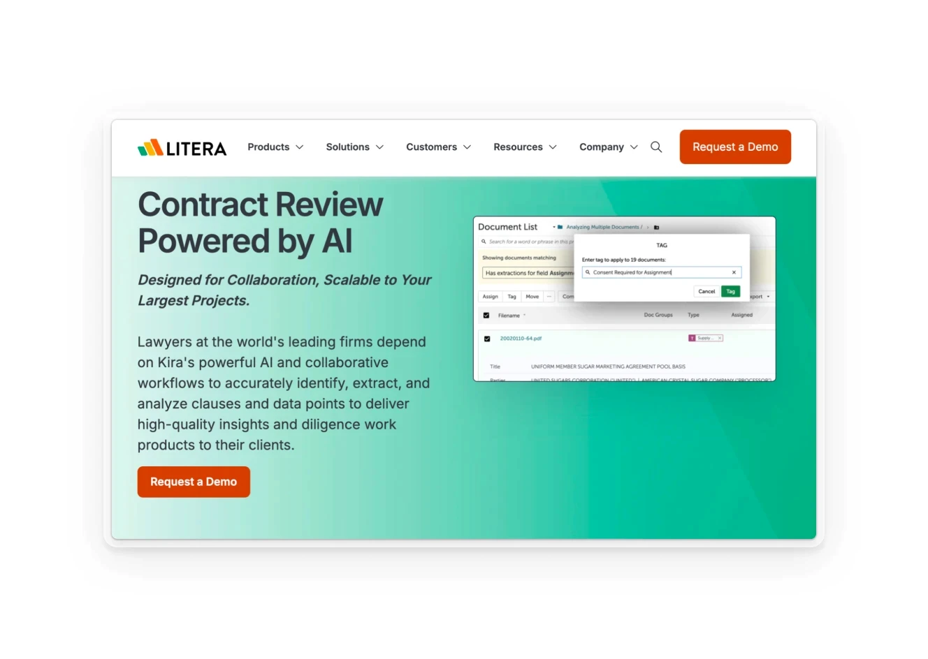 A webpage for Litera, highlighting Kira’s AI-driven contract review features