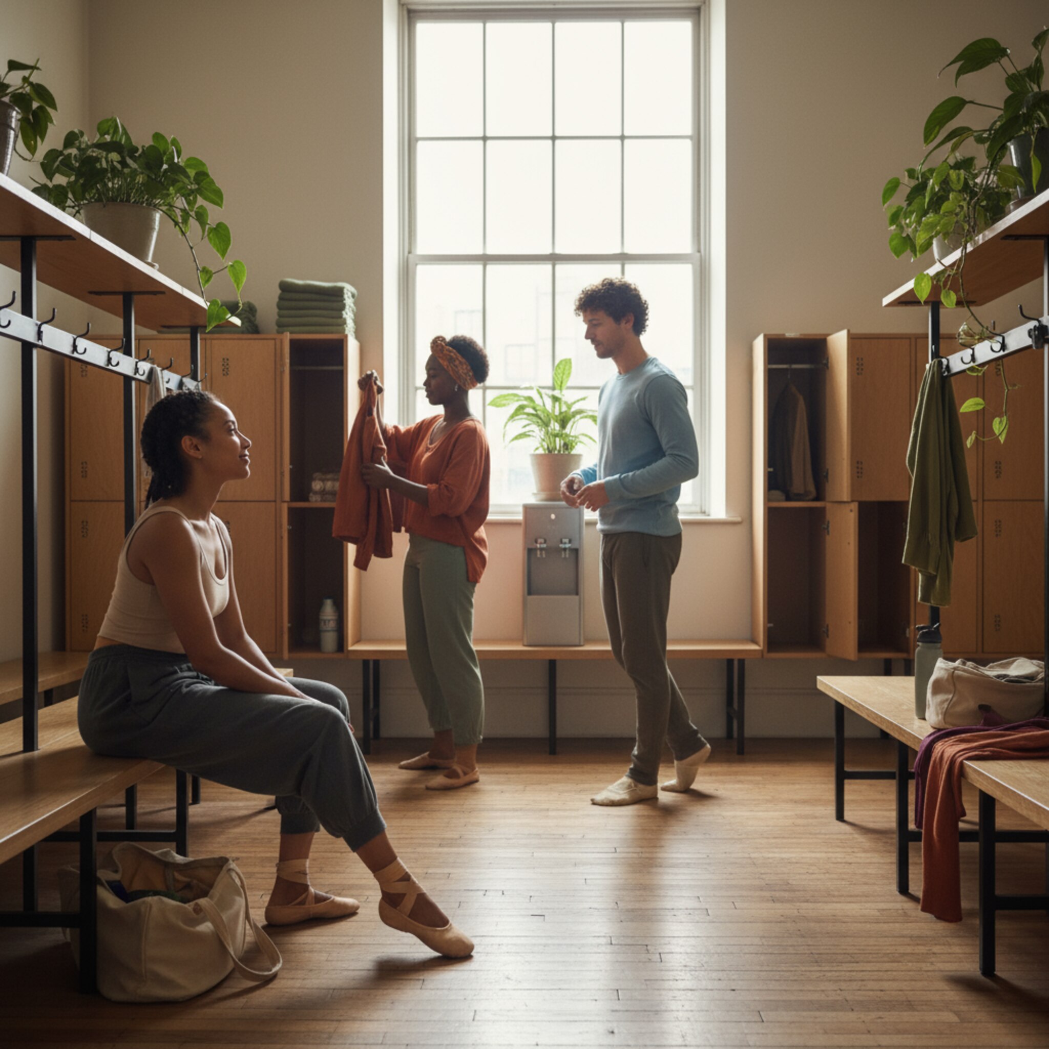 In der Umkleide sitzt ein Stammmitglied entspannt neben der Tasche, bindet ruhig die Schuhe und nickt bekannten Gesichtern zu. Zwischen Holzbänken und Pflanzen wirkt die Szene vertraut und organisiert. Man spürt eine gewachsene Community mit klaren Spielregeln.