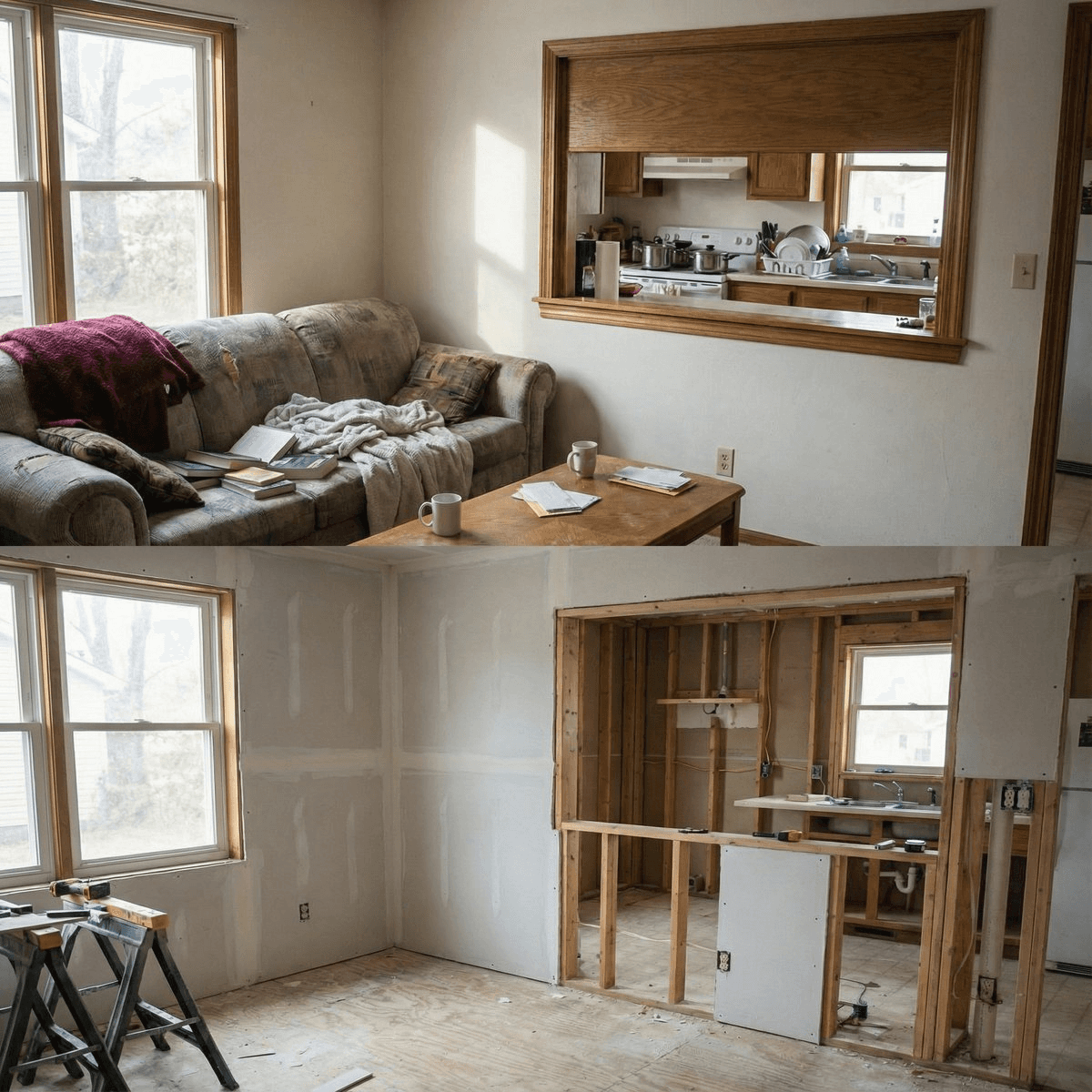 "Analyze this image of a room and generate a 'before' image that shows what the room might have looked like during construction, showing the framing and unfinished drywall."