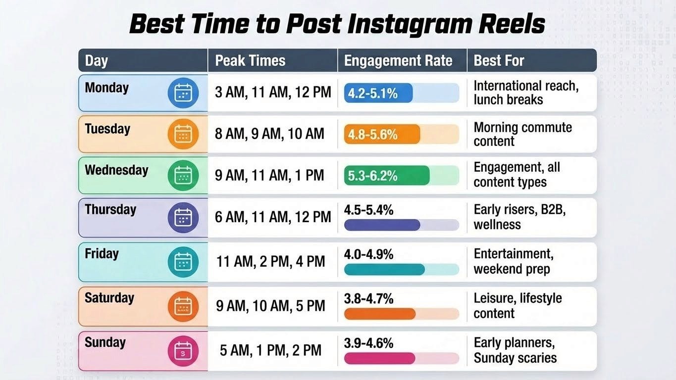Data table displaying best times to post Instagram Reels for each day of the week. Columns show day, peak posting times, engagement rate percentages, and recommended content types.
