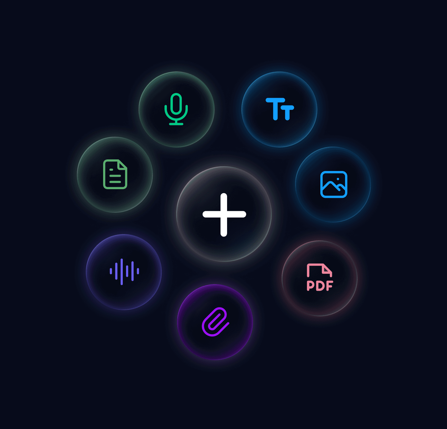 Bubbles with microphone, text, image, pdf, document, voice and paper icons