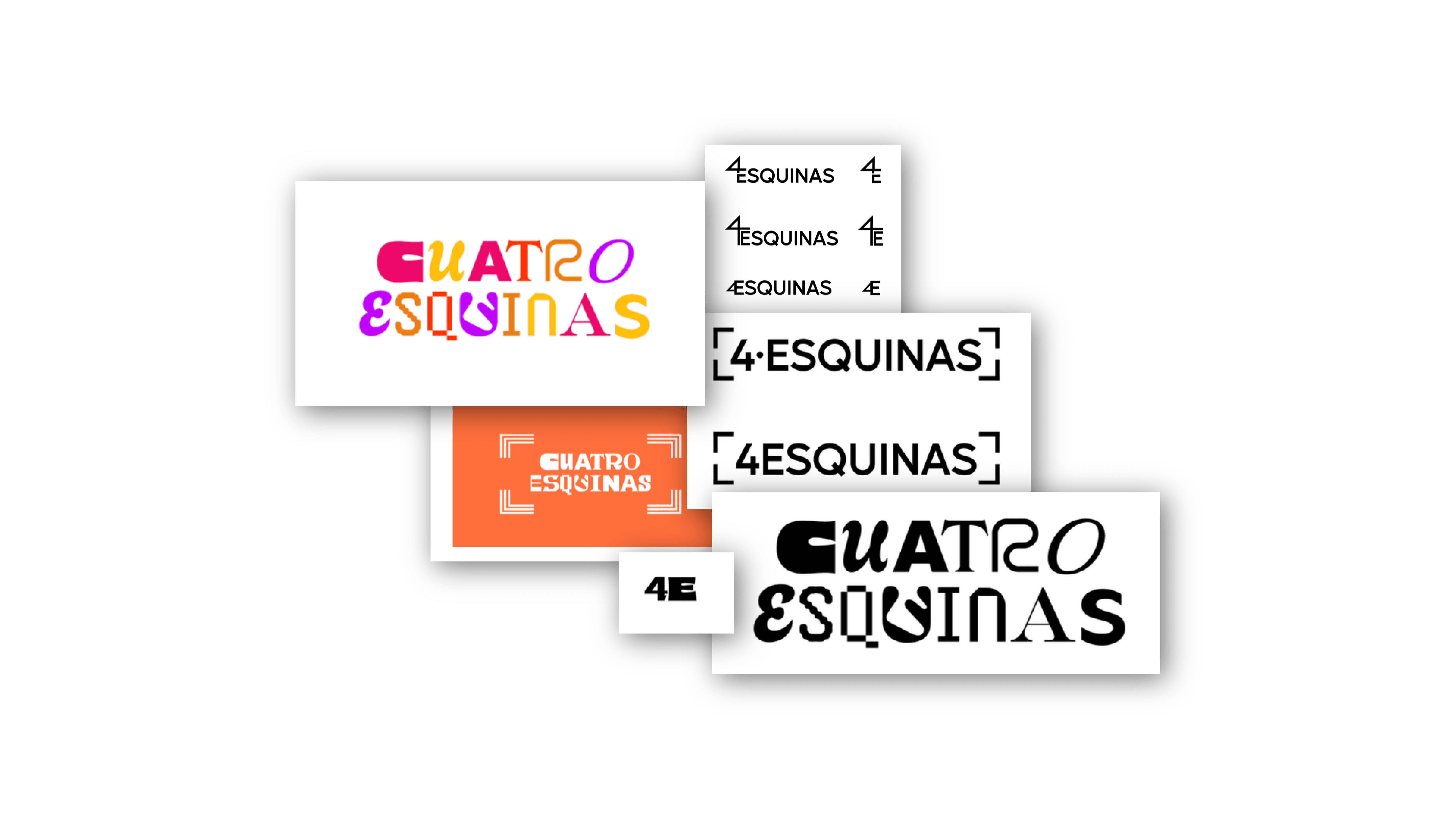 Multiple logo and wordmark variations for the Cuatro Esquinas brand, illustrating brand identity exploration and refinement.