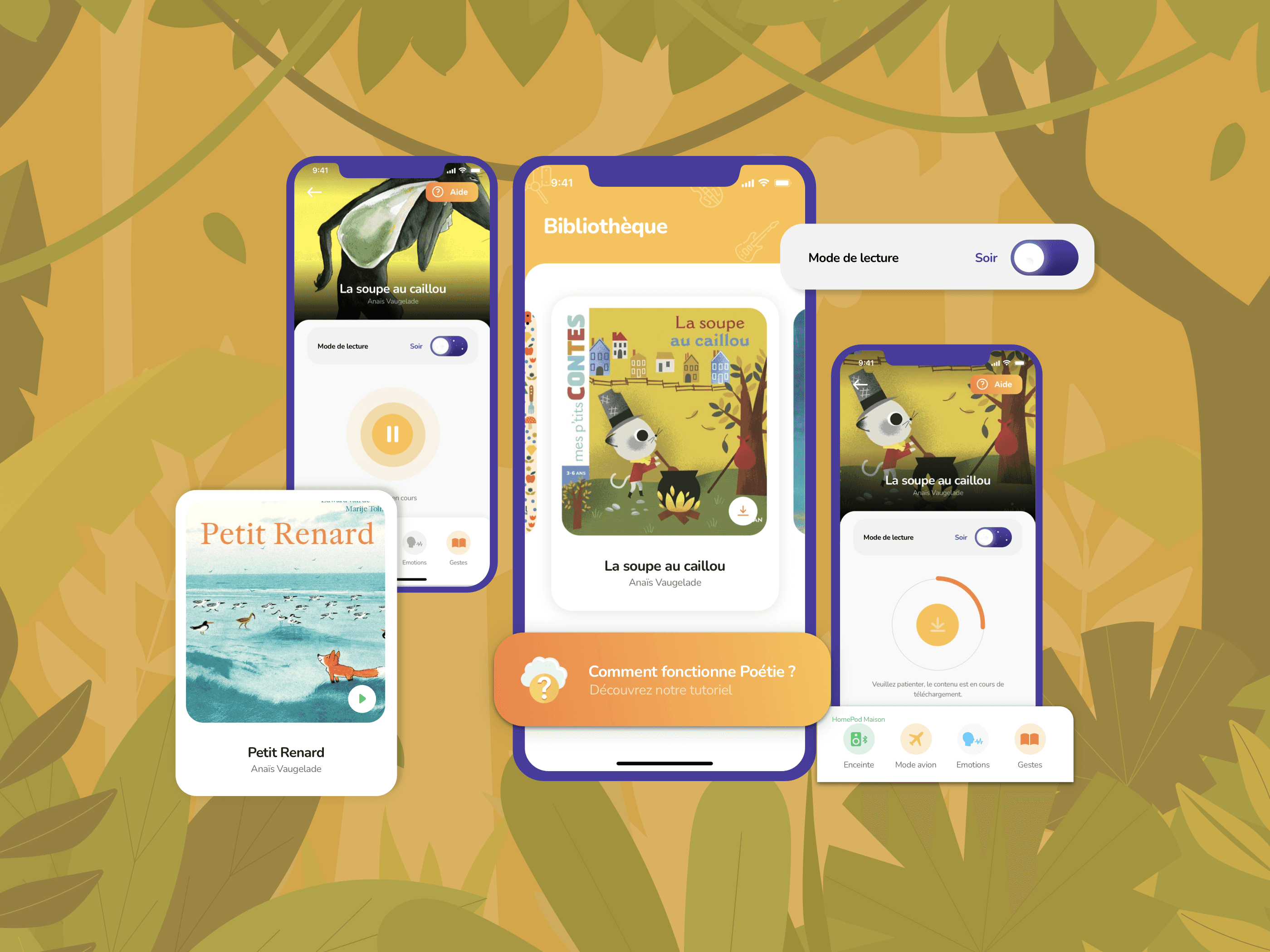 Plusieurs écrans de l'application mobile de lecture audio pour enfants nommée Poétie.