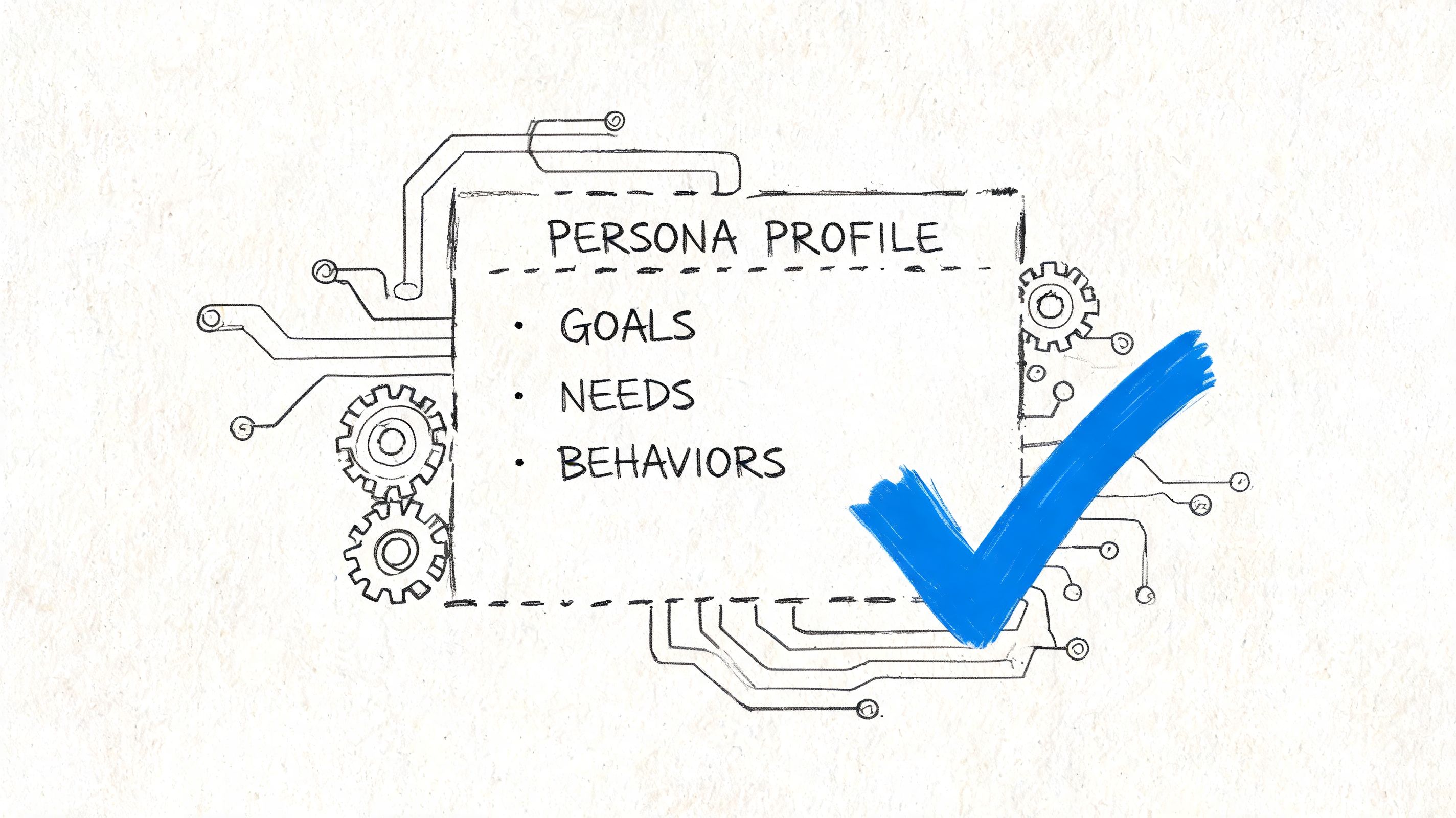A hand-drawn sketch of a persona profile list including goals, needs, and behaviors with a large blue checkmark.