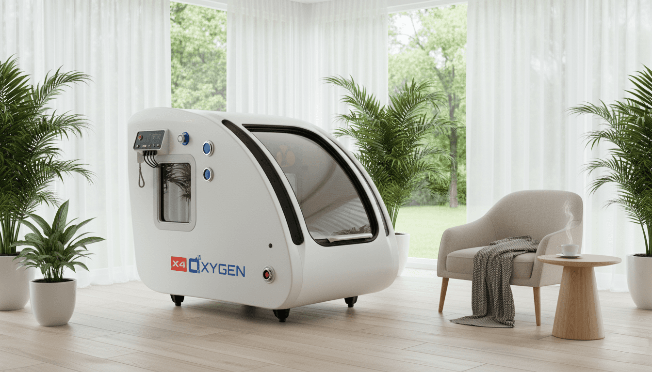 H130-20 X4Oxygen Futuristische Sauerstoff-HBOT-Kammertherapie-Kapsel in einem modernen, ruhigen Raum.