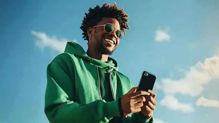 Smiling man in a green hoodie holding a phone