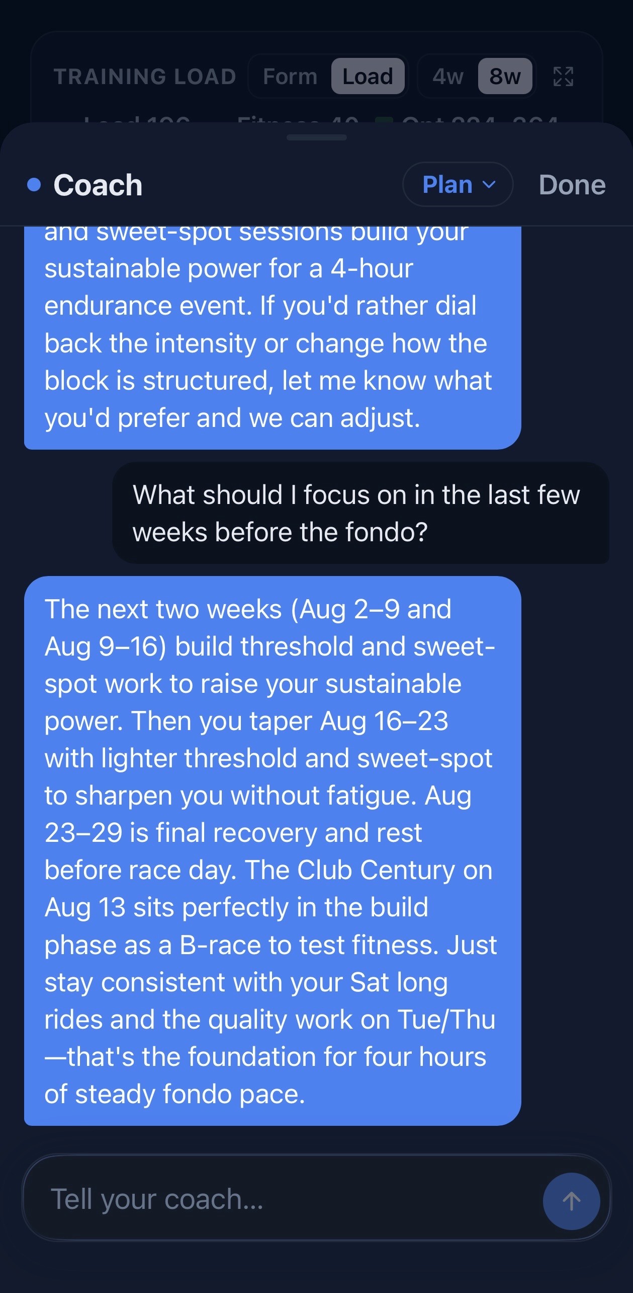 Coach's Call conversation screen answering an athlete's plan question
