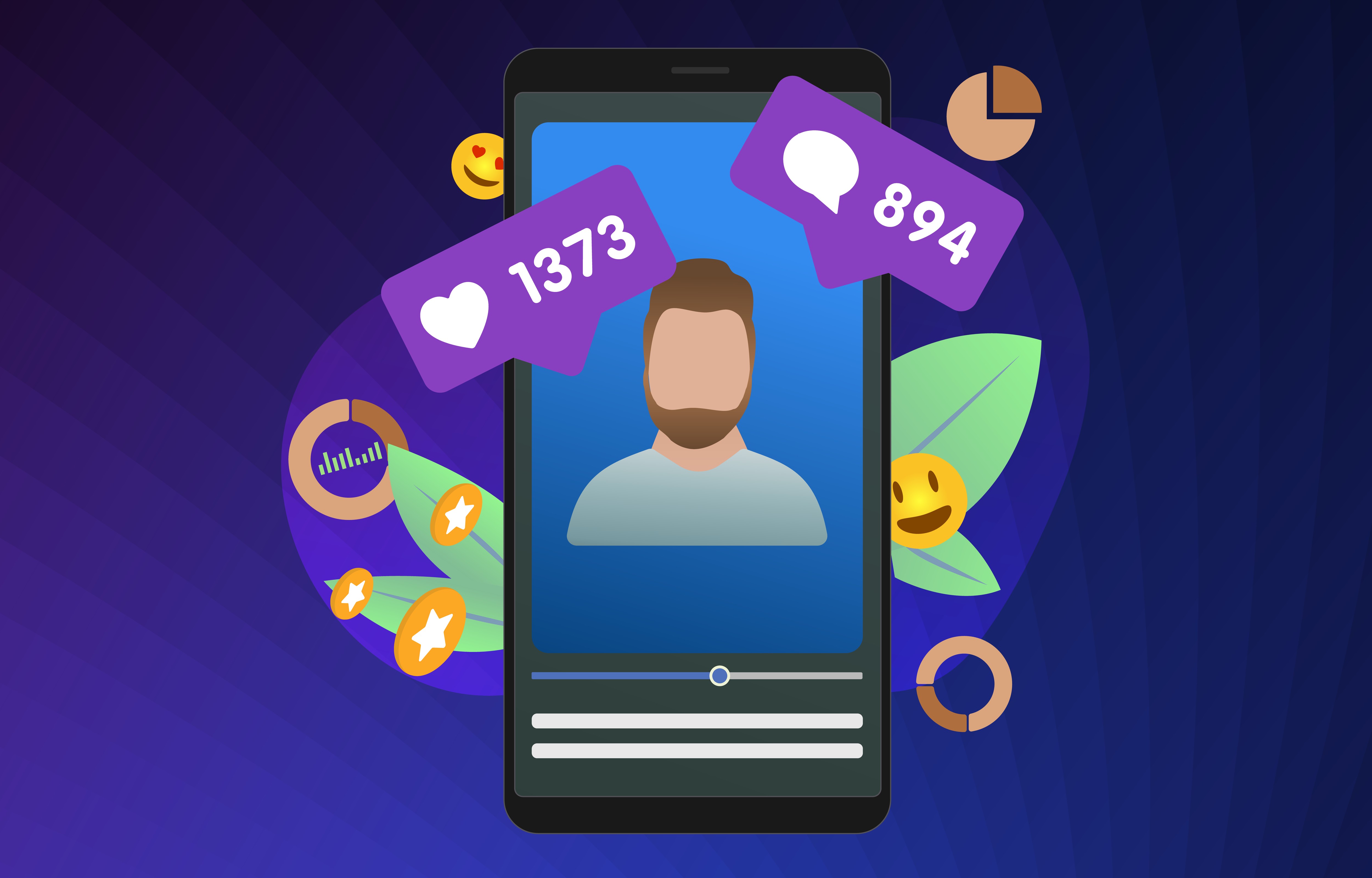 Influencer performance tracking illustration showing a creator profile on a smartphone with likes, comments, and analytics metrics