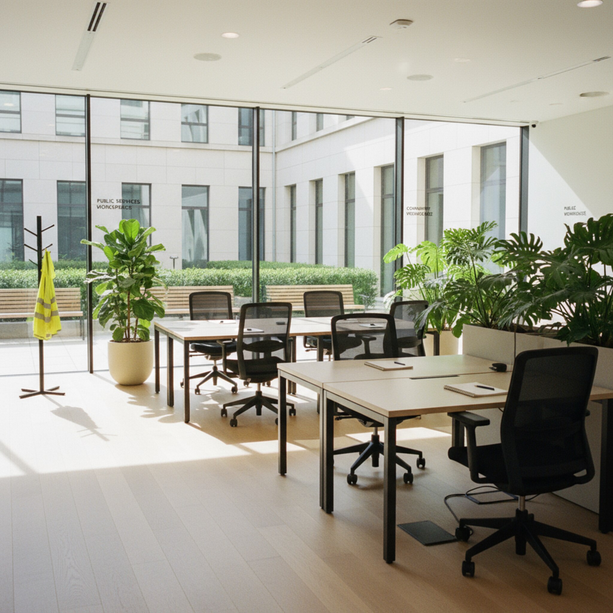 Ein lichtdurchflutetes Großraumbüro im Rathaus zeigt mehrere freie Schreibtische mit ergonomischen Stühlen und klaren Zonen. Sonnenlicht fällt über den hellen Boden, Pflanzen strukturieren den Raum. Eine gelbe Einsatzweste hängt an einer Garderobe. Durch die Fenster ist der Innenhof des Verwaltungsgebäudes zu sehen.