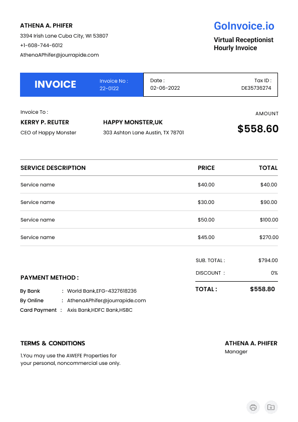 Virtual Receptionist Hourly Invoice 