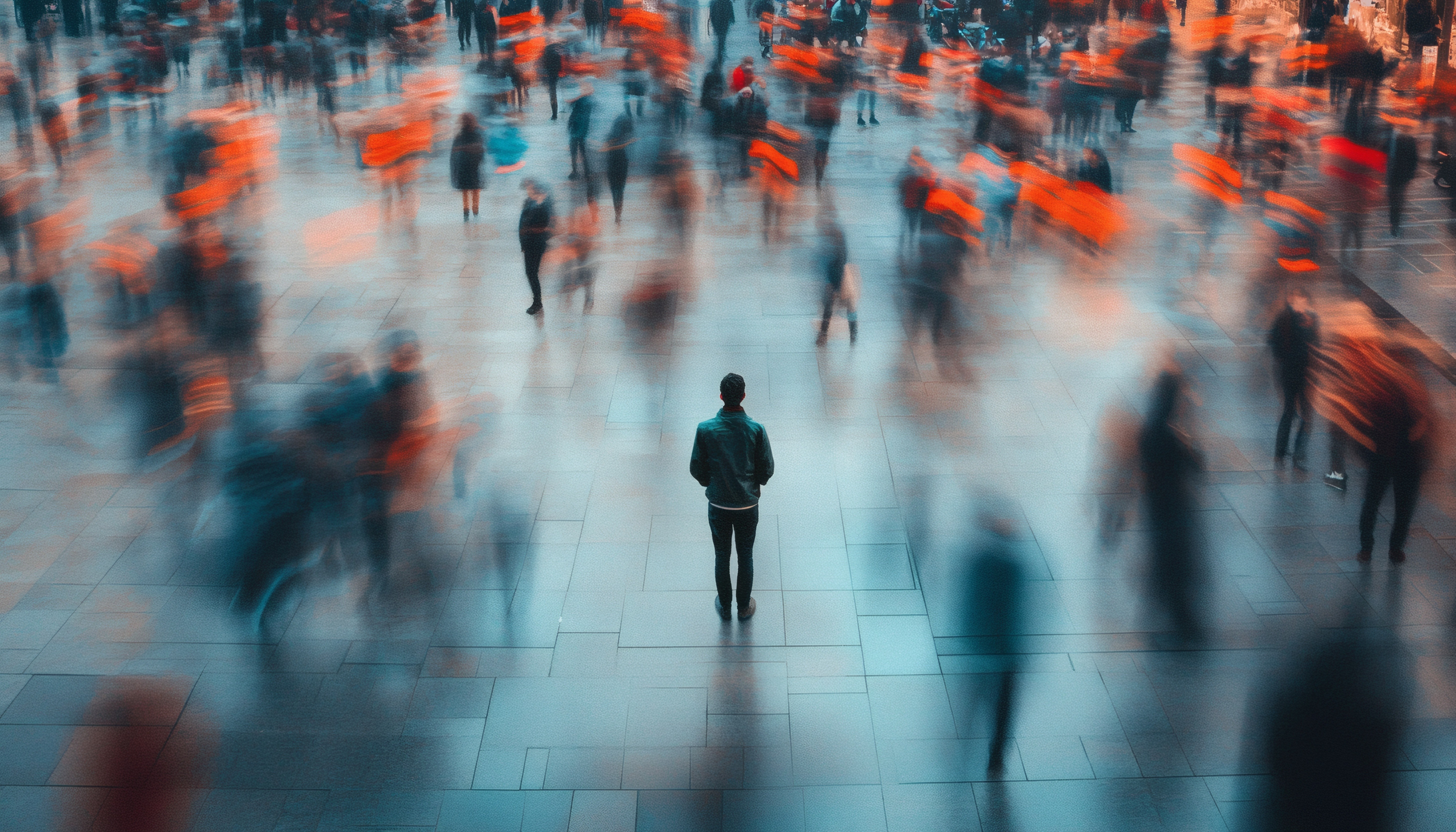 image of a group of people on the street, orange with black blur 