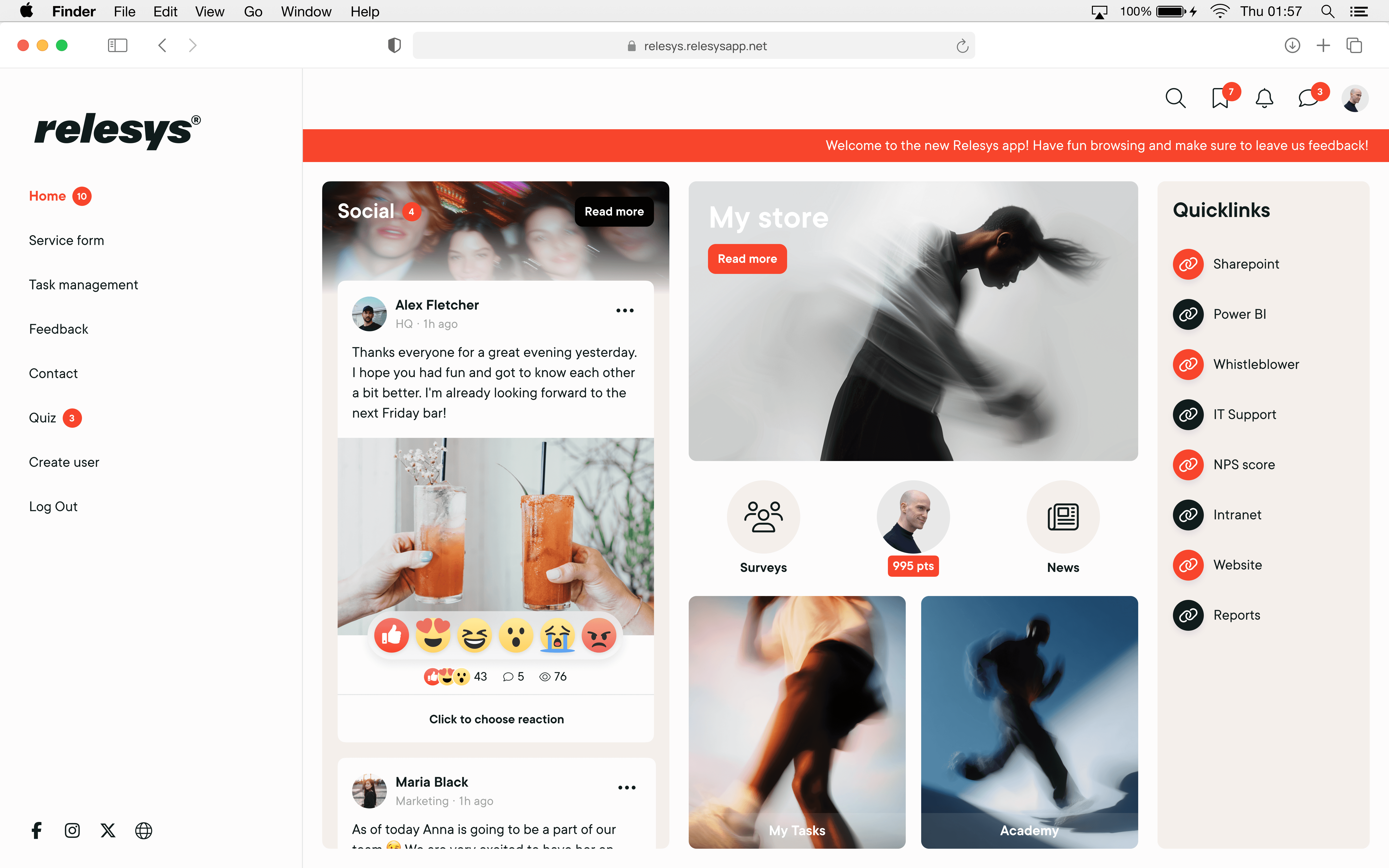 Desktop view of the Relesys web app dashboard showing social feed, surveys, user profile, tasks, and quick links.