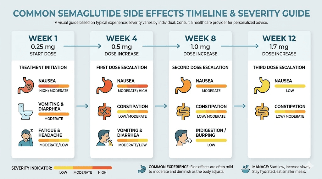 Semaglutide side effects timeline showing when symptoms appear and resolve