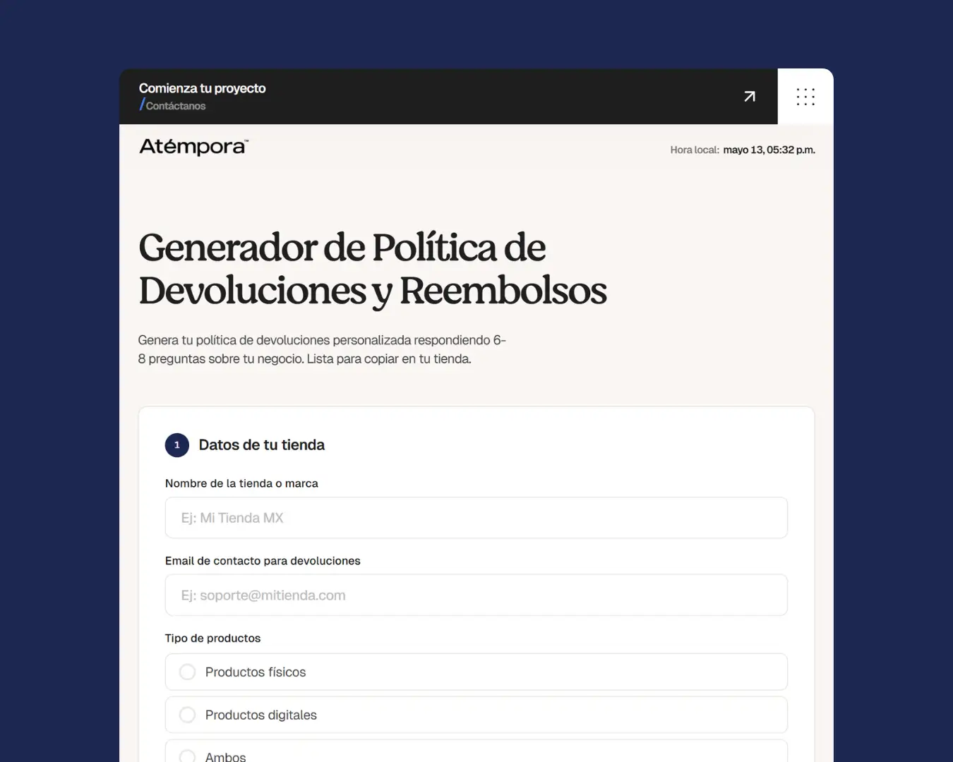 Generador de política de devoluciones y reembolsos para tiendas en línea
