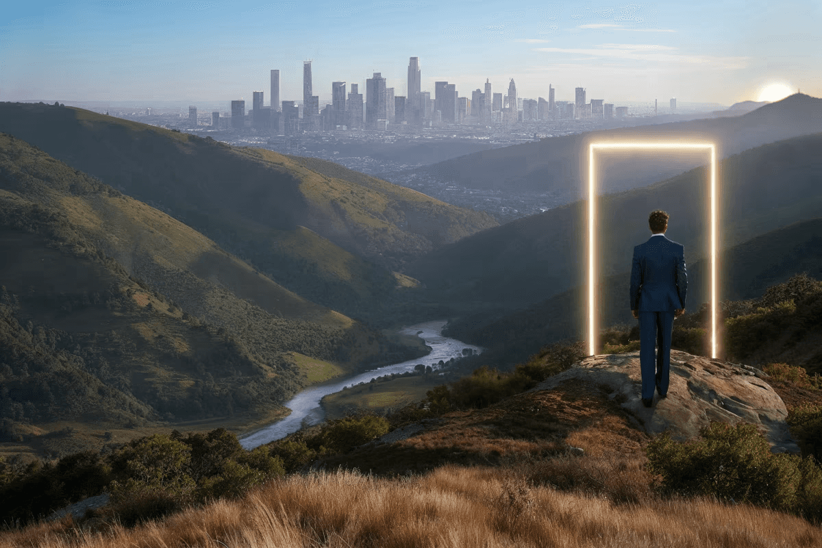 Person steht auf einem Berg und blickt auf ein leuchtendes Portal mit Stadt im Hintergrund.