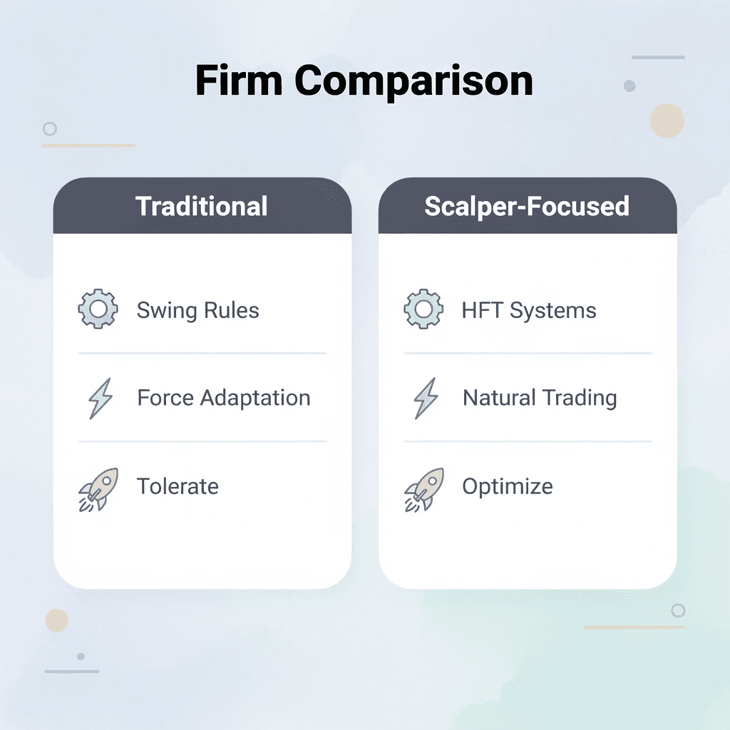  Comparison table showing traditional prop firms versus scalper-focused firms