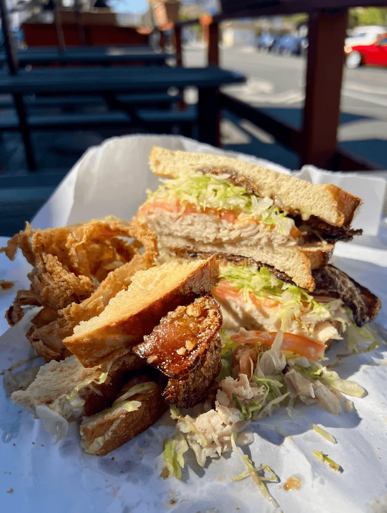 Healthy sandwich choice with lettuce and tomato from Big Jims Roast Beef with a side of onion rings in San Diego.