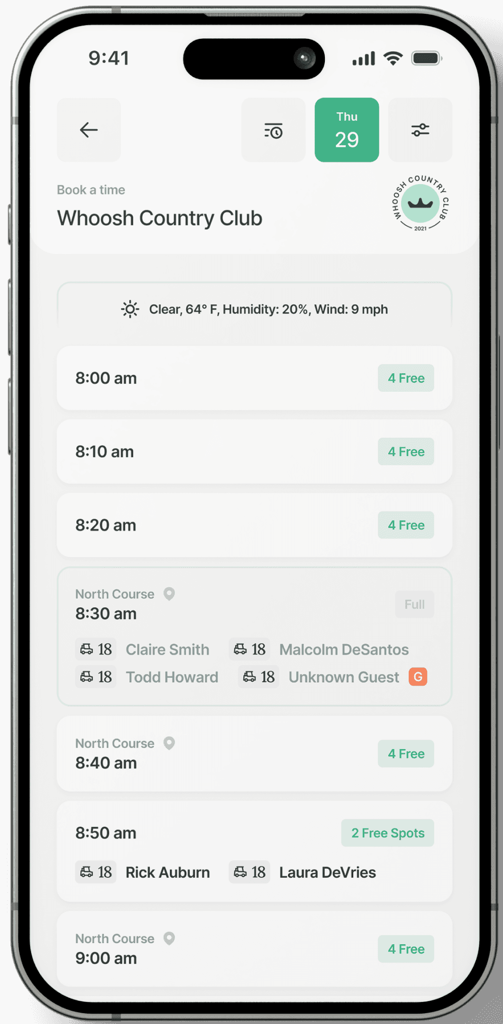 Golfer using Whoosh’s mobile booking system on a phone