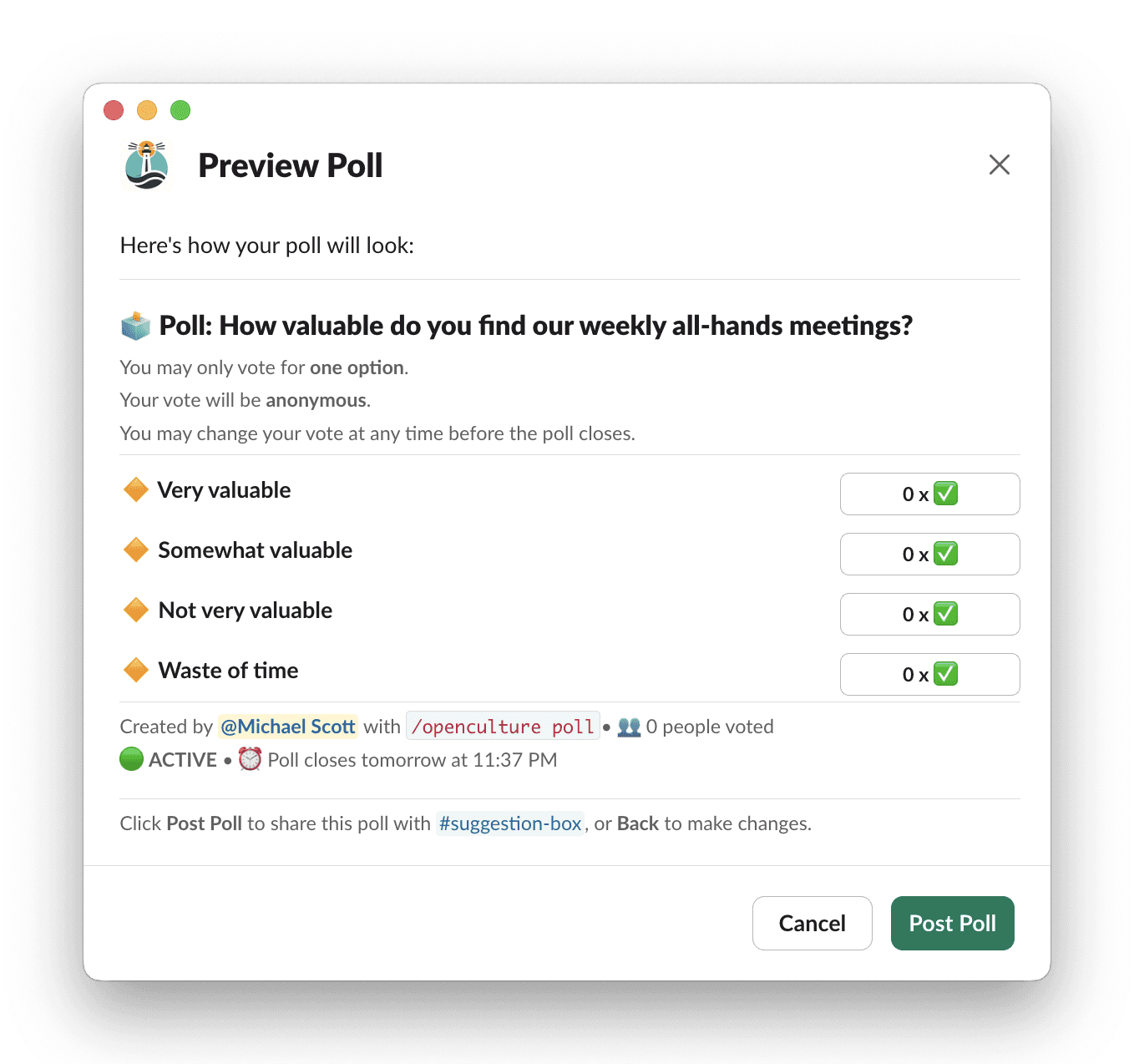 Slack app window for Poll preview, showing anonymous all-hands meeting question with options