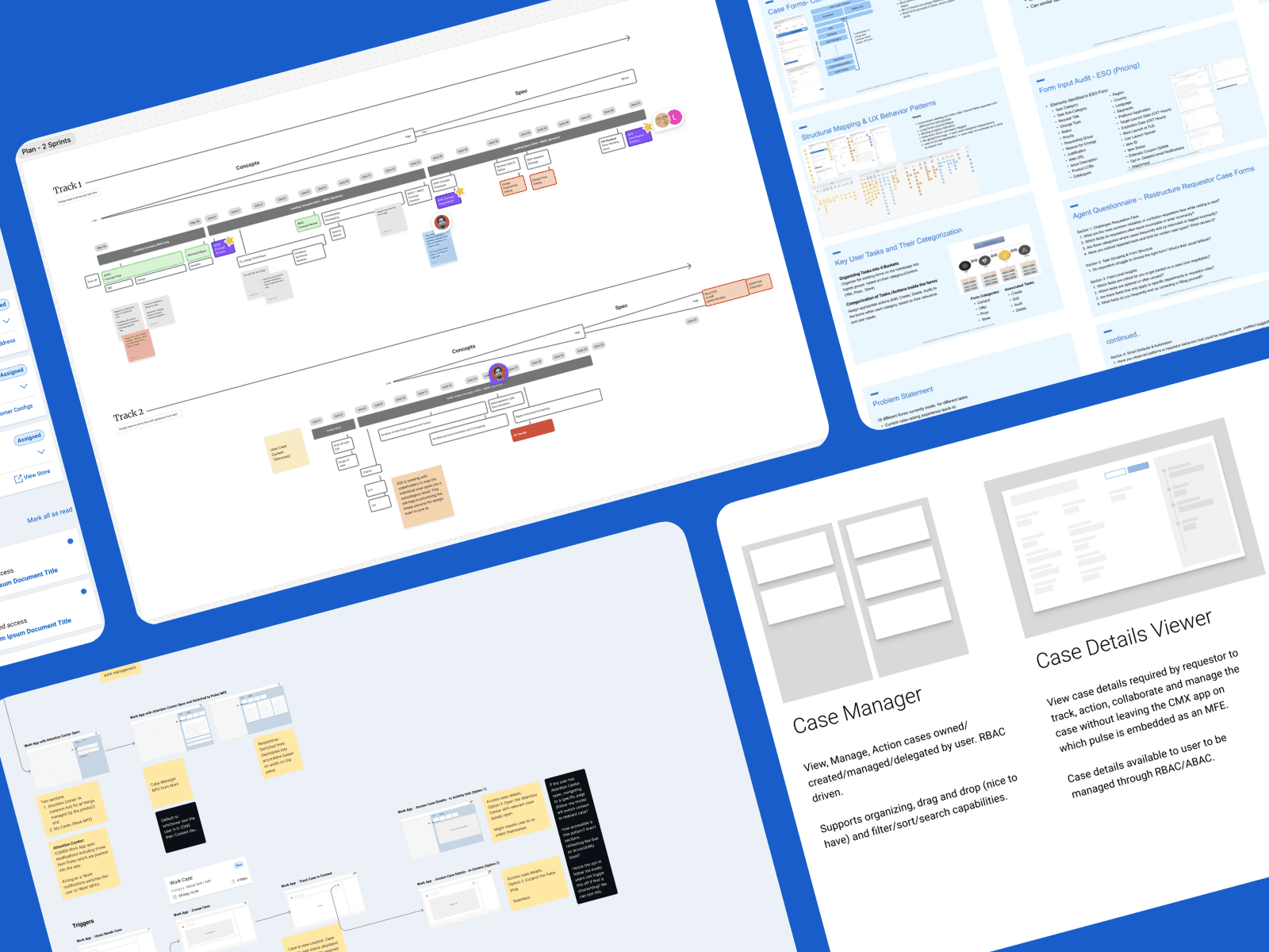Screenshots of miro boards and presentation slides placed creatively over a blue backdrop