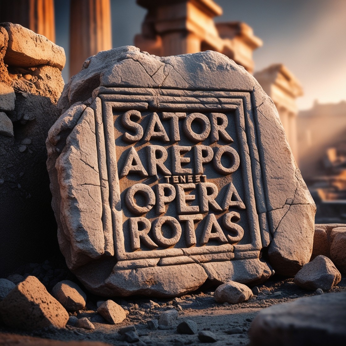 Ancient Sator Square word puzzle carved in stone amidst Roman ruins