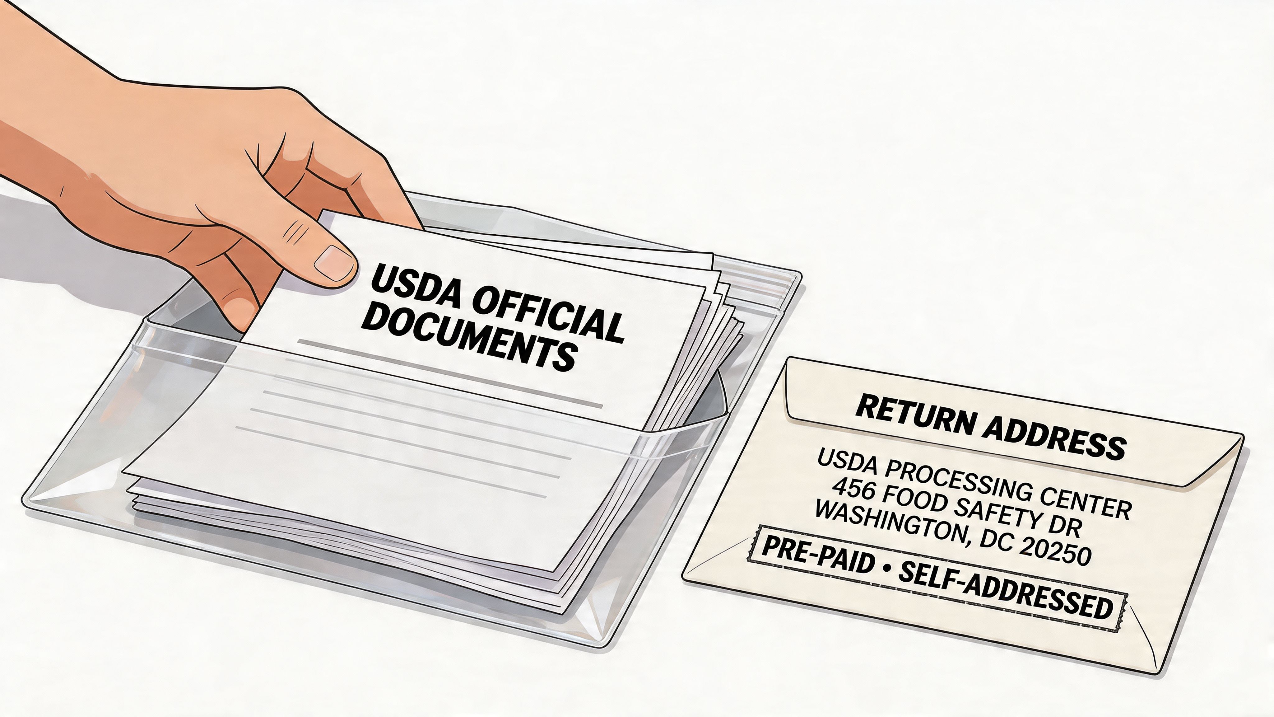 A hand placing USDA official documents into a clear plastic folder beside a pre-paid return envelope.