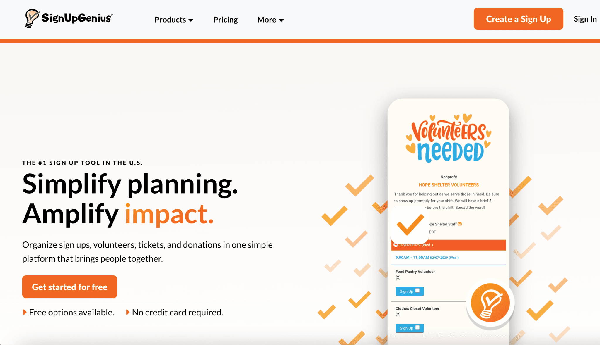 SignUpGenius homepage showcasing volunteer signup management with scheduling, event registration, donations, and volunteer coordination tools