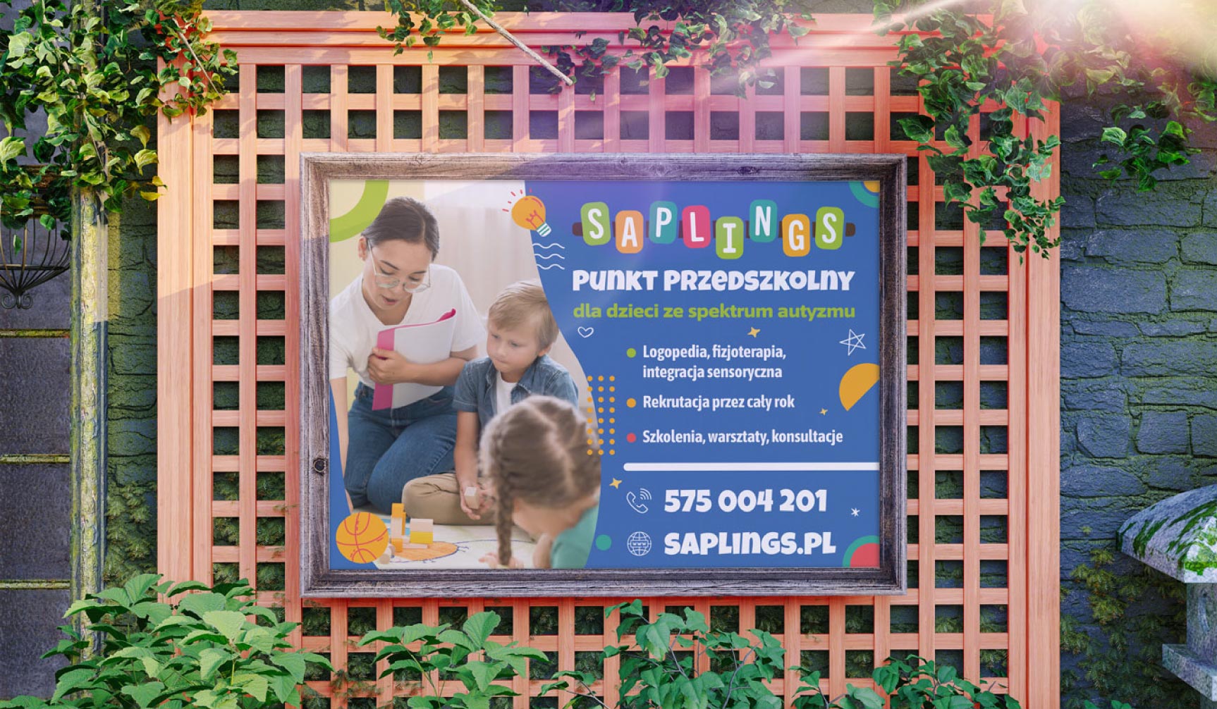 Realizacja baneru reklamowego na ogrodzeniu – reklama zewnętrzna punktu przedszkolnego Saplings.