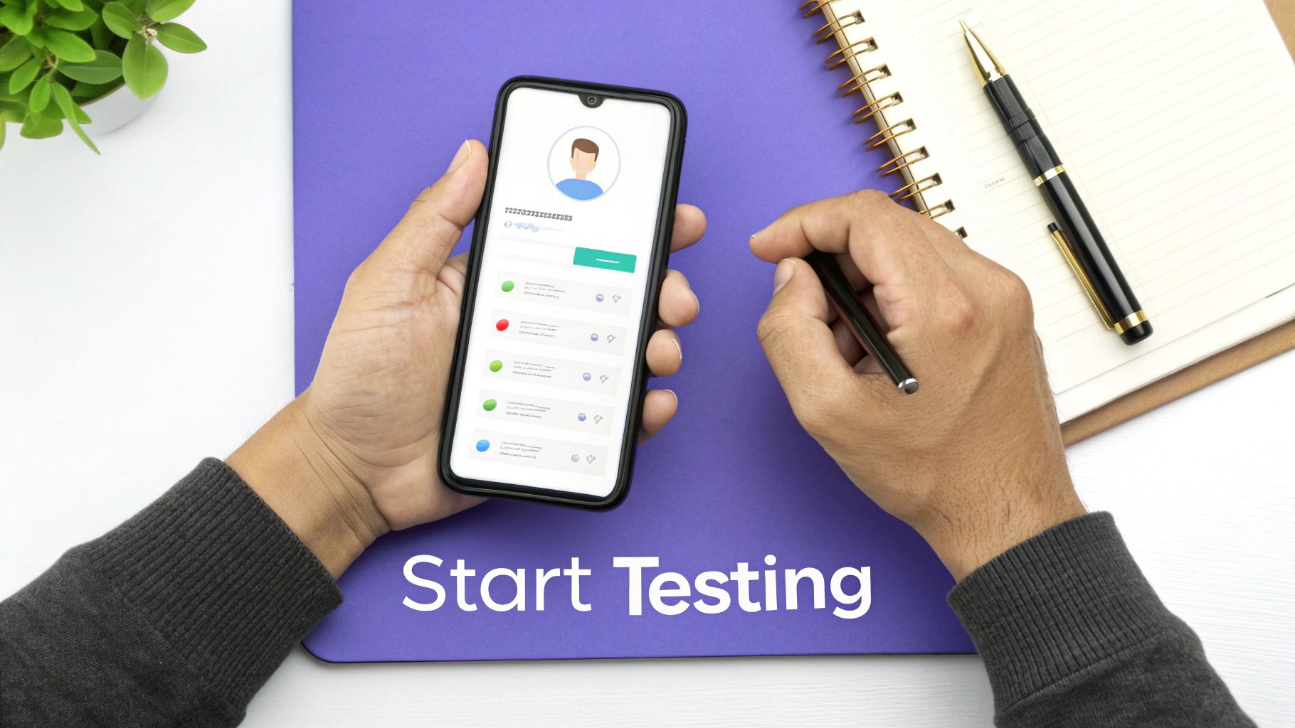 Hands holding a smartphone displaying an app interface, with a pen and notebook, on a purple surface.