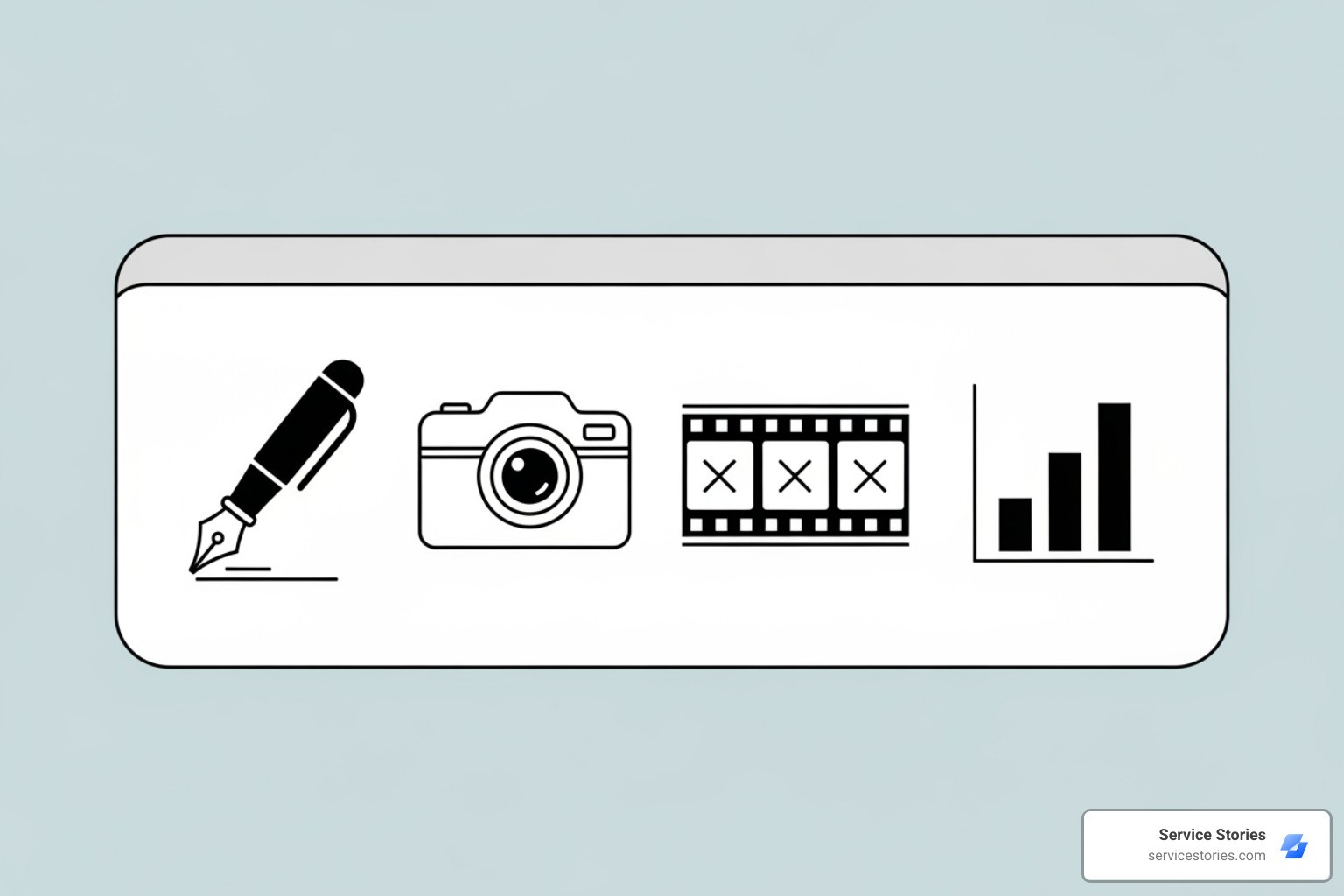 A digital toolbox with icons representing a pen for writing, a camera for images, a film strip for video, and a bar chart for analytics. - AI-powered content marketing