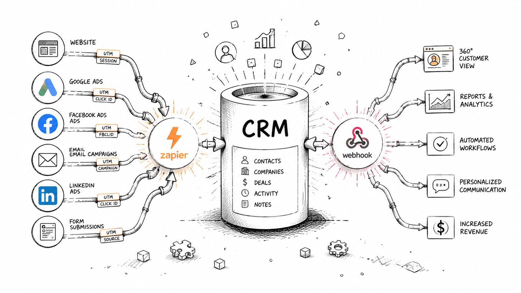 A diagram illustrating data pipeline automation using Zapier and webhooks to sync marketing sources with a CRM system.