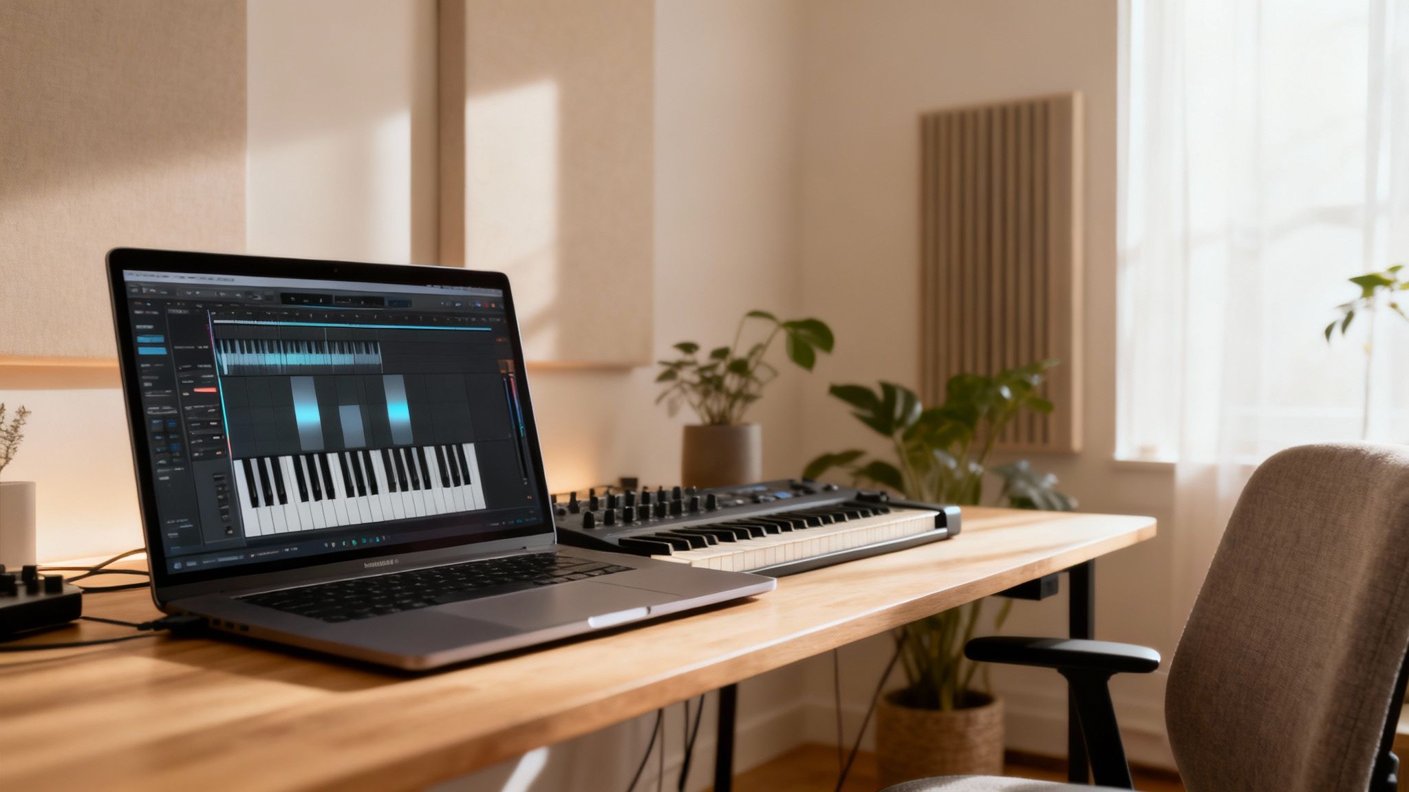 A music producer adjusting settings on a synthesizer keyboard.