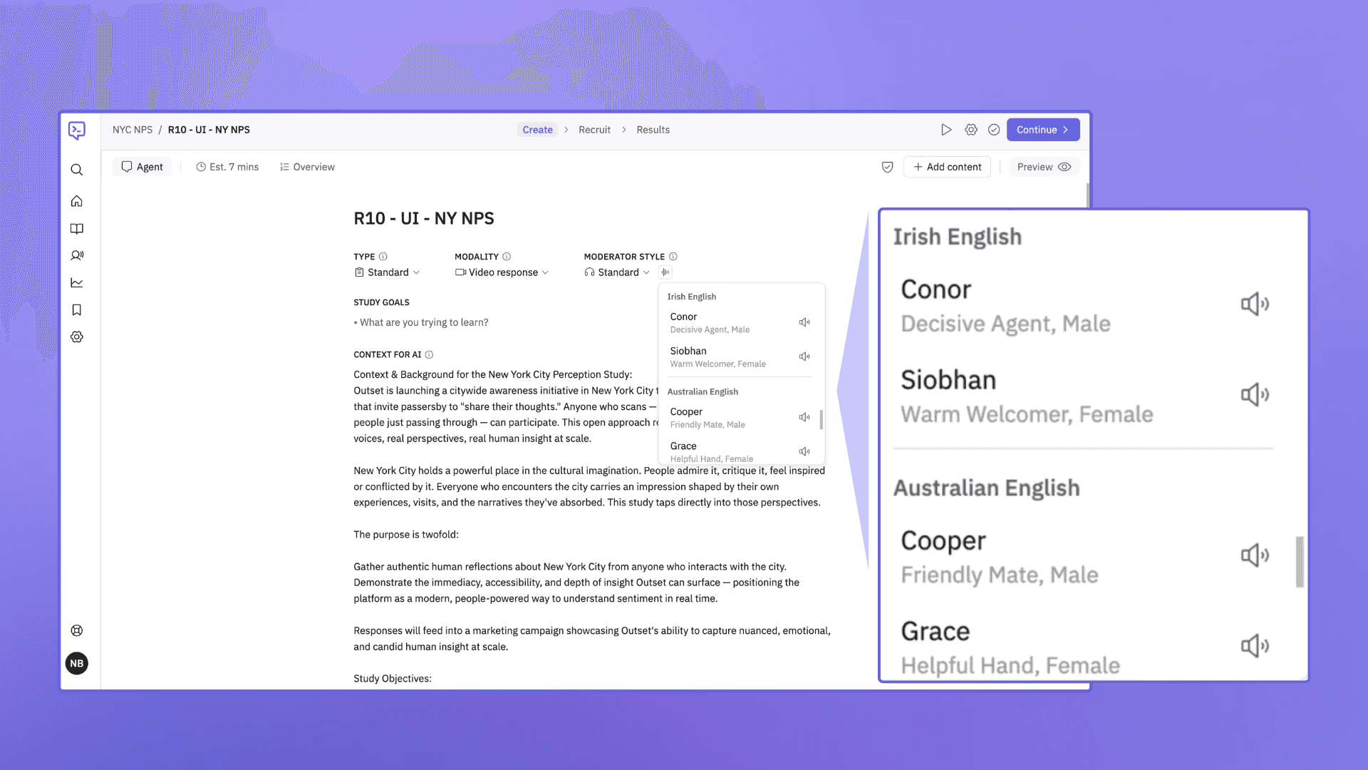 Research study setup interface showing selectable AI moderator voices with different accents, personalities, and genders for interview customization
