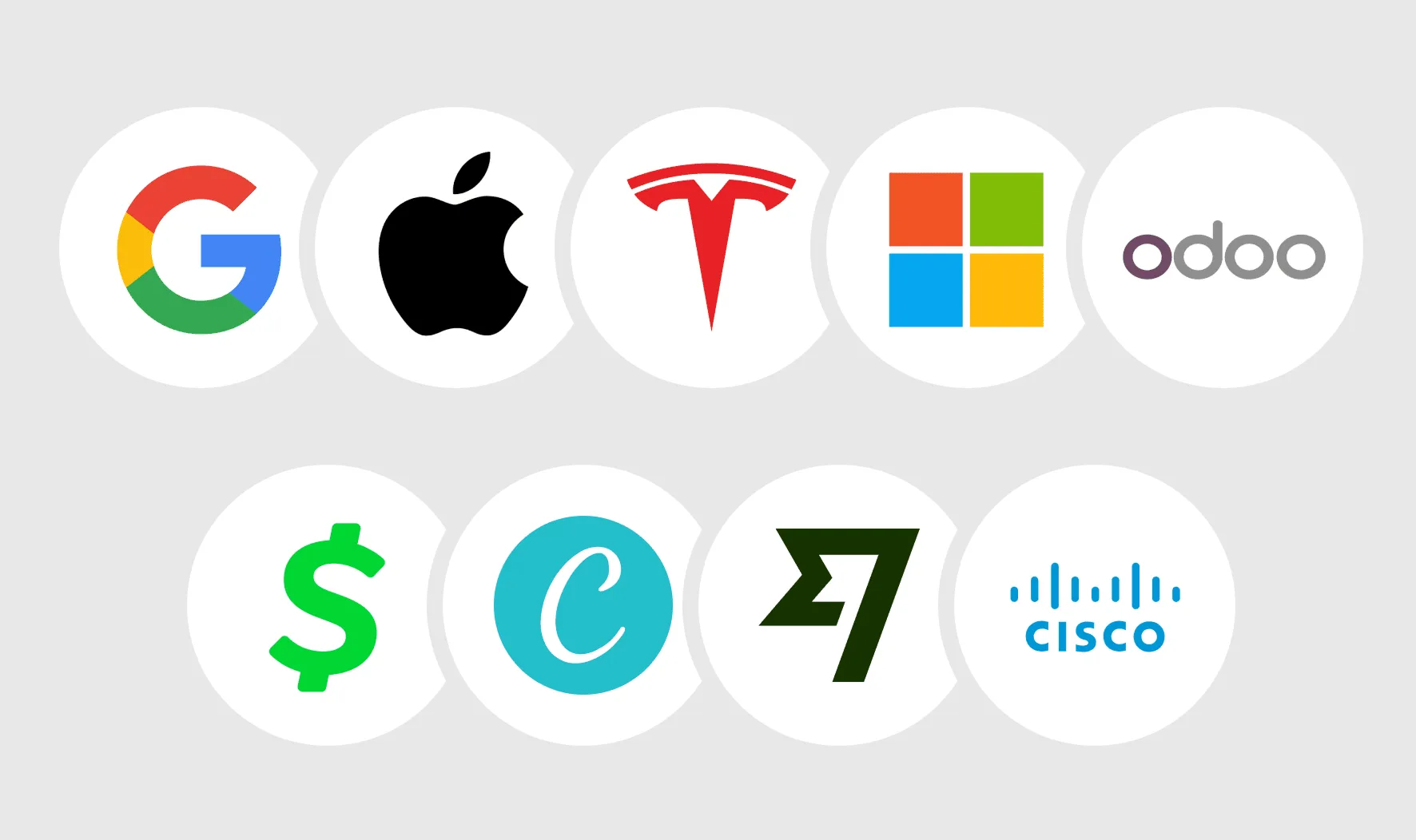 A grid of two rows showing logos for Google, Apple, Tesla, Microsoft, Odoo, Cash App, Canva, Wise, and Cisco.