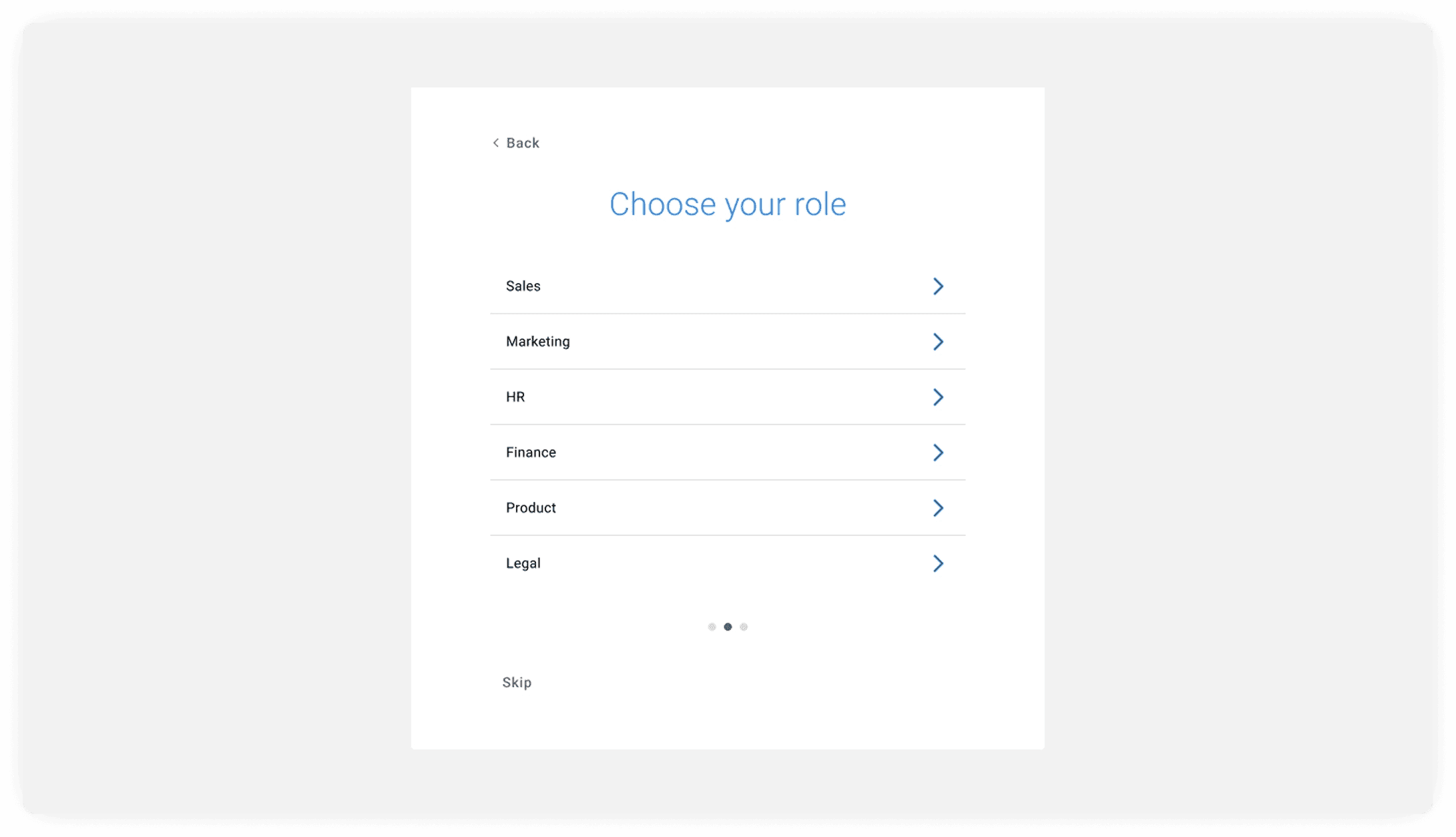 Desktop onboarding UI for an ERP platform showing the first step of the onboardng flow - choosing a role