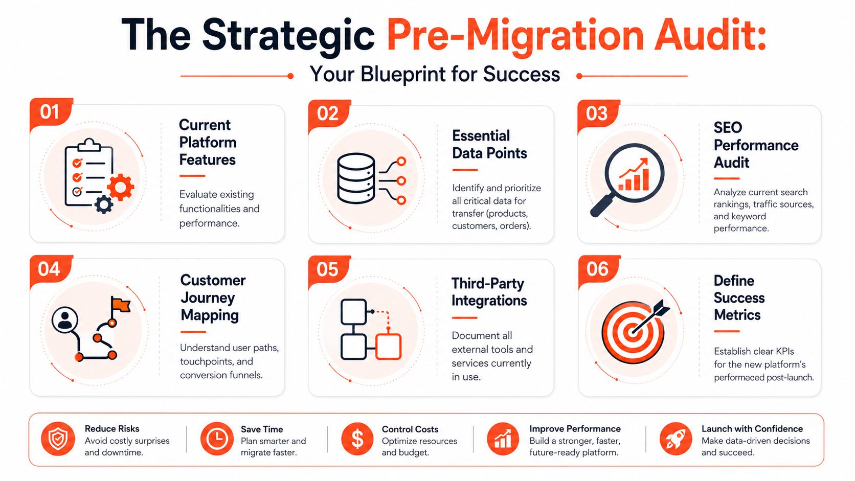 A strategic pre-migration audit checklist infographic outlining six key steps for a successful website platform migration.
